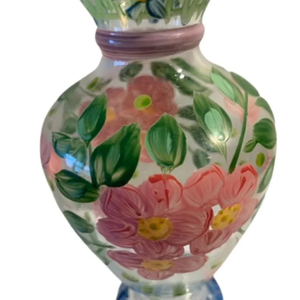 Hand-Painted Pink Green Ruffled Edge Checked Floral Vase by Tracy Poter 6.5